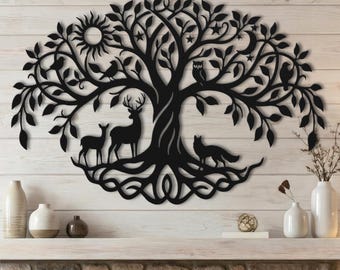 Arte de pared de árbol de la vida de metal • Letrero de bosque de vida silvestre • Decoración familiar de ciervos • Regalo de cabaña rústica • Arte para amantes de la naturaleza • Decoración sobre chimenea