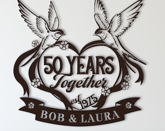 50th Anniversary Gift for Parents, 50 Years of Marriage Metal Sign, 50th Wedding Anniversary Sign for Couple, Metal Lovebird Sign Wall Art