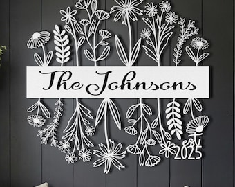 Wildflower Metal Sign • Personalized Family Name Welcome Plaque • Custom Housewarming Gift • New Home Gift for Couple • Outdoor Porch Decor