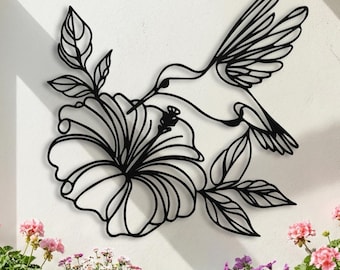 Hummingbird Metal Wall Art • Hibiscus Flower Sign • Large Outdoor Garden Decor • Bird Lover Gift • Tropical Line Art • Wire Wall Sculpture