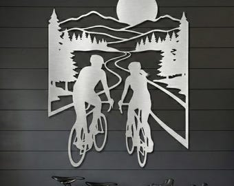 Road Biking Wall Art • Road Bike Gifts • Cycling Couple Decor • Metal Bicycle Sign • Mountain Landscape • Oversized Wall Art • Extra Large