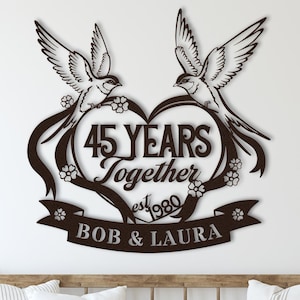 45th Wedding Anniversary Gift for Parents, 45 Years Marriage Metal Sign in Heart, Anniversary Gift for Husband, Metal Lovebird Sign Wall Art
