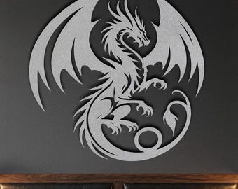 Drache Metall Wandkunst • Große Fantasy Wächter Skulptur • Fabelhaftes Tier Wandbehang • Gothic Metall Wanddekoration • Mittelalterliches Haus Kunstwerk