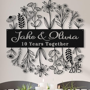 10th Anniversary Gift for Wife, 10 Years Together Wildflower Metal Name Sign Wall Art, Custom Flower Wedding Anniversary Gift for Husband