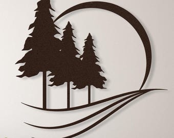 Pine Tree Metal Wall Art, Metal Forest Wall Art, Three Trees Wall Art, Minimalist Wall Art, Sun Moon Nature Wall Art, Lake House Cabin Decor