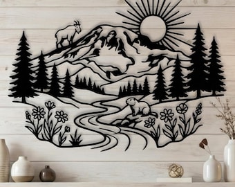 Mount Rainier Nationalpark Metall Wandkunst • Wildblumen Wiesenlandschaft • Bergziege & Murmeltier • Geschenk Washington PNW • Setaball Dekor