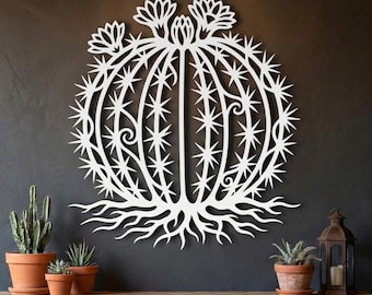 Barrel Cactus Metal Wall Art • Flowering Desert Cactus Decor • Oversized Outdoor Metal Wall Decor • Southwestern Metal Yard Art • Boho Gift