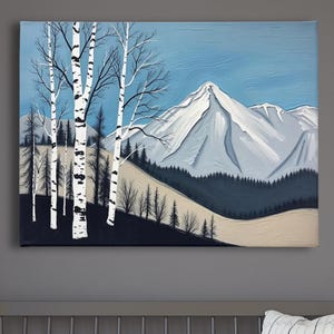 Birch Tree Painting, Minimalistic Abstract Mountain Landscape Wall Art, Blue White Gray Oil Painting Canvas Art Print, Modern Nature Artwork image 1