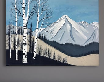 Birch Tree Painting, Minimalistic Abstract Mountain Landscape Wall Art, Blue White Gray Oil Painting Canvas Art Print, Modern Nature Artwork
