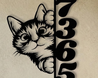 Funny Cat Address Sign • Vertical House Numbers • Peeking Cat Metal Art • Custom Address Plaque • Black Cat Lover Gift • Pet Sitter Decor
