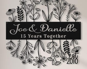 15th Wedding Anniversary Gift for Him, 15 Years Together Wildflower Metal Name Sign Wall Art, Custom Flower 15h Anniversary Gift for Her