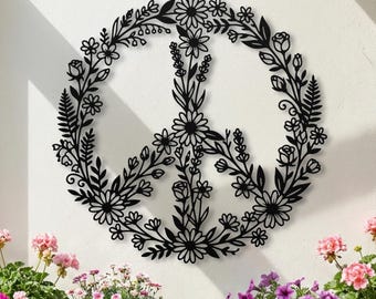 Peace Sign Metal Wall Art • Large Wildflower Wreath • Flower Cottagecore Decor • Hippie Boho Garden • Spring Floral Outdoor Porch Decor