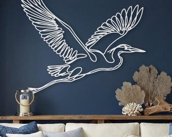 Flying Blue Heron Wall Art Metal • Coastal Decor • Extra Large Crane Egret Bird Sign • Beach House • Lake House • Oversized Wall Art