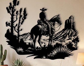 Metalen muurkunst westerncowboy • Zonsondergang ruiter • Landschap van Monument Valley • Decor zuidwestelijke ranch • Joshua Tree-bord • Man Cave