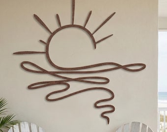 Arte de pared de metal con sol y olas • Decoración de atardecer con destellos marinos • Letrero para patio con piscina al aire libre • Silueta de amanecer bohemia • Casa de playa • Arte de jardín oceánico