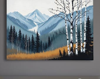 Birch Tree Painting, Neutral Mountain Landscape Art Print, Muted Blue Green Forest River Valley Nature Scene Wall Art, Fall Home Wall Decor