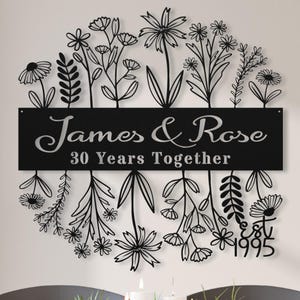 30th Wedding Anniversary Gift for Parents, 30 Years Together Wildflower Metal Name Sign Wall Art, Custom Flower Anniversary Gift for Husband image 1