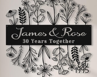 30th Wedding Anniversary Gift for Parents, 30 Years Together Wildflower Metal Name Sign Wall Art, Custom Flower Anniversary Gift for Husband