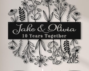 10th Anniversary Gift for Wife, 10 Years Together Wildflower Metal Name Sign Wall Art, Custom Flower Wedding Anniversary Gift for Husband
