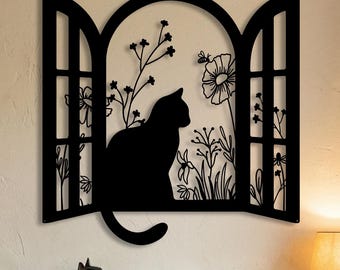 Cat in Window Metal Wall Art, Whimsical Cat Silhouette with Wildflowers, Cottagecore Wall Decor, Garden Cat Lover Gift for Her, Pet Memorial