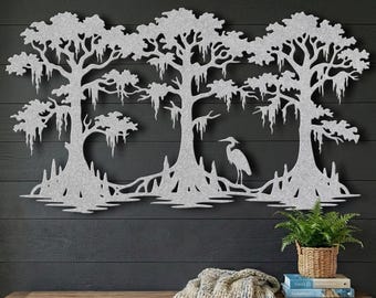 Metal Cypress Tree Wall Art • Spanish Moss Decor • Blue Heron Sign • Lowcountry Swamp Art • Southern Home Decor • Large Nature • Bayou Gift