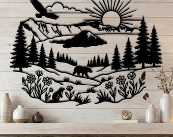 Crater Lake Nationalpark Metall Wandkunst • Zaubererinsel Landschaft • Oregon PNW Geschenk • Bär & Adler Wildtier-Zeichen • Wandern in der Natur Dekor