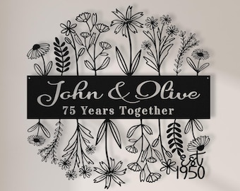75th Wedding Anniversary Gift Home Decor, 75 Years Together Wildflower Metal Name Sign Wall Art, Anniversary Gift for Parents & Couples