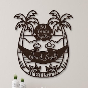 50th Anniversary Gift for Parents, 50 Years Together Tropical Beach Sunset Metal Name Sign Wall Art, Wedding Anniversary Gift for Couple image 1