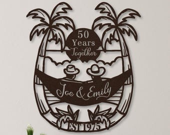 50th Anniversary Gift for Parents, 50 Years Together Tropical Beach Sunset Metal Name Sign Wall Art, Wedding Anniversary Gift for Couple