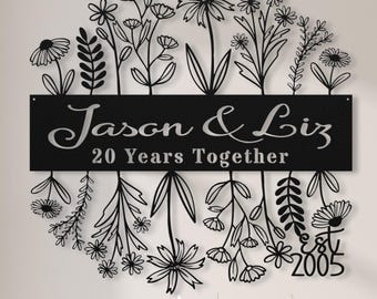 20th Anniversary Gift for Wife, 20 Years Together Wildflower Metal Name Sign Wall Art, Custom Flower Wedding Anniversary Gift for Husband