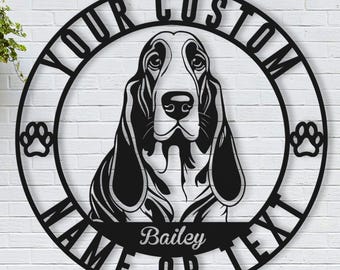 Custom Basset Hound Metal Welcome Sign, Personalized Family Last Name Wall Art, Front Door Outdoor Porch Decor, Dog Owner & Pet Lover Gift