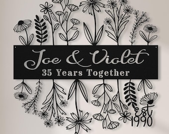 35th Anniversary Gift for Couple, 35 Years Together Wildflower Metal Name Sign Wall Art, Custom Flower Wedding Anniversary Gift for Husband
