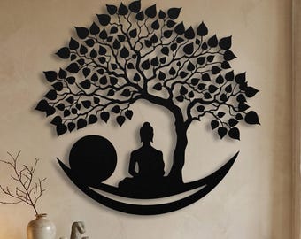 Buddha Wall Art • Sun and Moon Decor • Round Tree of Life • Metal Meditation Sign • Zen Yoga Studio Gift • Sunrise Sunset Art