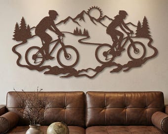 Mountain Bike Metal Wall Art • Cycling Couple Gift • MTB Decor • Bicycle Outdoor Adventure Sign • Above Fireplace  • Cabin Landscape