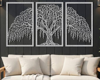 Metal Tree Wall Art • Statement Wall Decor • Metal Wall Decor • Set of 3 Weeping Willow Triptych • Oversized Above Bed Outdoor Patio Sign