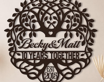 10th Anniversary Gift, Wall Family Tree of Life Metal Name Sign, Tenth Tin Wedding Anniversary Gift for Him or Her, Ten Years Together Gift