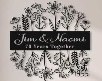 70th Anniversary Gift for Parents, 70 Years Together Wildflower Metal Name Sign Wall Art, Flower Wedding Anniversary Gift for Grandparents
