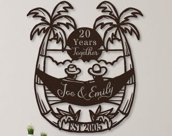 20th Anniversary Gift, 20 Years Together Couple on Tropical Beach at Sunset Metal Name Sign Wall Art, Wedding Anniversary Gift for Him Her