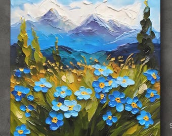 Forget Me Not Alaska Landscape Painting on Framed Canvas Wall Art Print or Poster Paper, Blue Alaska State Flower Original Artwork Decor