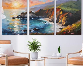 Coastal Sunset Triptych Wall Art Print Poster or Framed Canvas Set of 3 Panels, Ocean Seascape Landscape Painting, Three Piece Beach Artwork