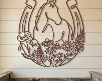 Arte de pared de metal con forma de caballo • Decoración de guardería estilo western • Letrero de herradura con flores silvestres extragrande • Dormitorio de vaquera • Rancho de granja • Regalo ecuestre