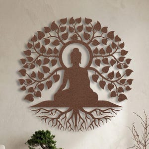 Buddha Metal Wall Art, Tree of Life Metal Sign, Bodhi Tree Leaf + Root Metal Wall Decor, Zen Yoga & Meditation Room Decoration