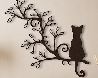 Metal Cat Wall Art, Cat on a Branch Metal Wall Decor, Tree Metal Wall Art Wall Hanging, Spring Outdoor Metal Garden Art, Cat Lovers Gift
