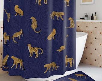 Leopard Shower Curtain and Bath Mat Set, Maximalist Navy Blue Cheetah Jungle Theme Animal Bathroom Decor, Eclectic Memory Foam Bathmat Rug