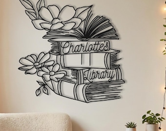 Custom Library Sign • Personalized Name Metal Wall Art • Wildflower Book Lover Gift for Her • Reading Nook Cottagecore Decor • Bookish Gift