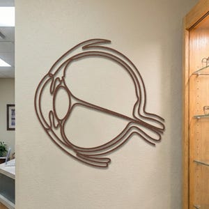Rust patina anatomical eye wall art hanging in an optician's dispensary next to glasses display case.