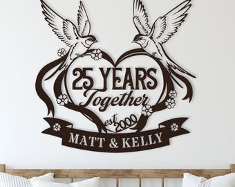 25th Anniversary Gift, 25 Years Together Metal Sign, Wedding Anniversary Gift for Him Her, Silver Anniversary Metal Lovebird Sign Wall Art