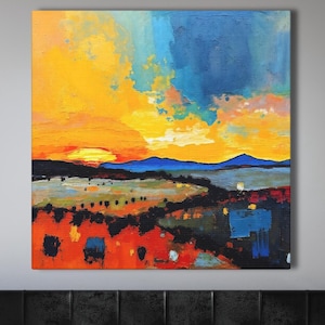 Vibrant Abstract Impasto Desert Sunset Painting On Canvas Or Wall Art Print, Modern Landscape Artwork, Colorful Southwestern Home Decor Gift