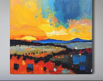 Pintura abstracta vibrante de un atardecer en el desierto sobre lienzo o impresión de arte mural, obra de arte de paisaje moderno, regalo colorido de decoración del suroeste para el hogar.