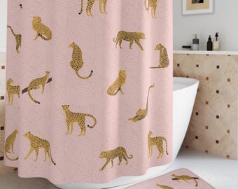 Leopard Shower Curtain and Bath Mat Set, Muted Blush Pink Cheetah Jungle Theme Animal Bathroom Decor, Boho Eclectic Memory Foam Bathmat Rug
